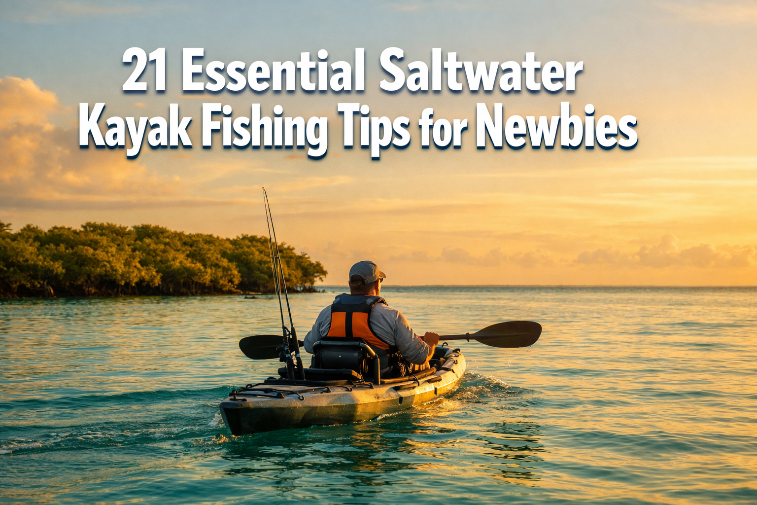 Professional landscape format (1536x1024) hero image with bold text overlay: '21 Essential Saltwater Kayak Fishing Tips for Newbies' in extr