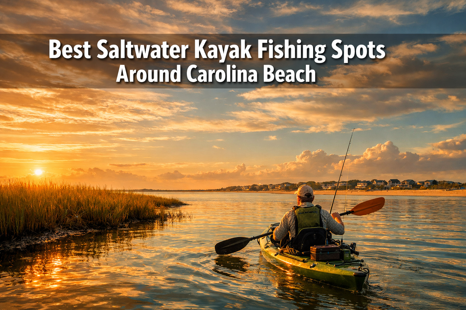 Professional landscape format (1536x1024) hero image with bold text overlay: 'Best Saltwater Kayak Fishing Spots Around Carolina Beach' in e