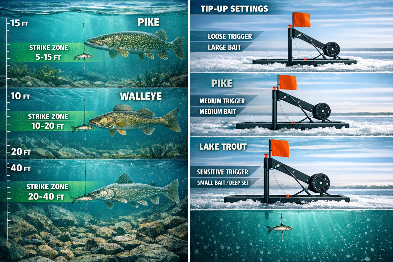 Action-oriented split-screen comparison of tip-up performance for pike, walleye, and lake trout fishing. Left side shows