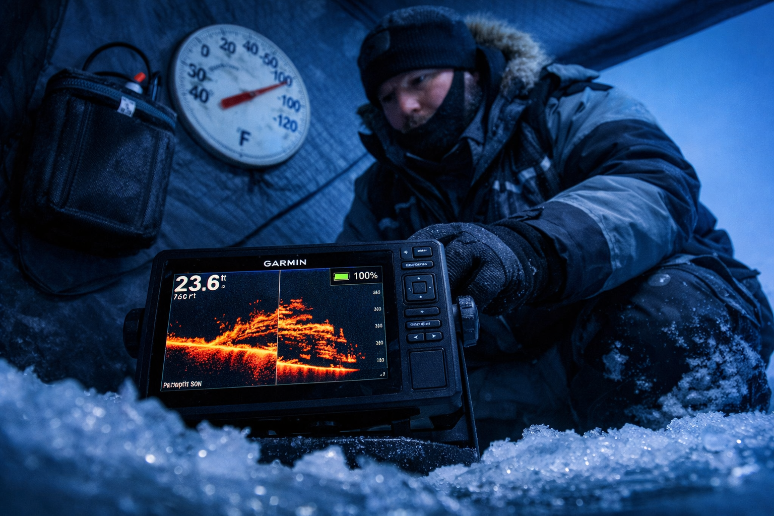 Action photography of an ice angler in cold-weather gear checking a Garmin ECHOMAP 73cv screen displaying Panoptix sonar
