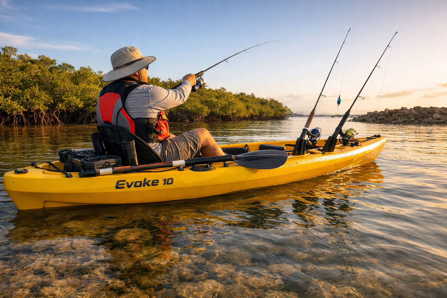 Action shot of an angler in a PFD and sun hat seated in a yellow Evoke 10 sit-on-top kayak in shallow saltwater estuary,