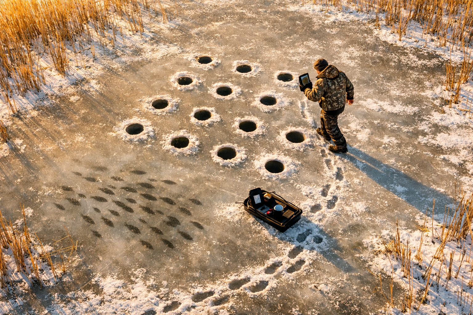 Bird's-eye drone perspective of an ice fishing scene on a shallow reed flat showing multiple drilled holes in a strategic