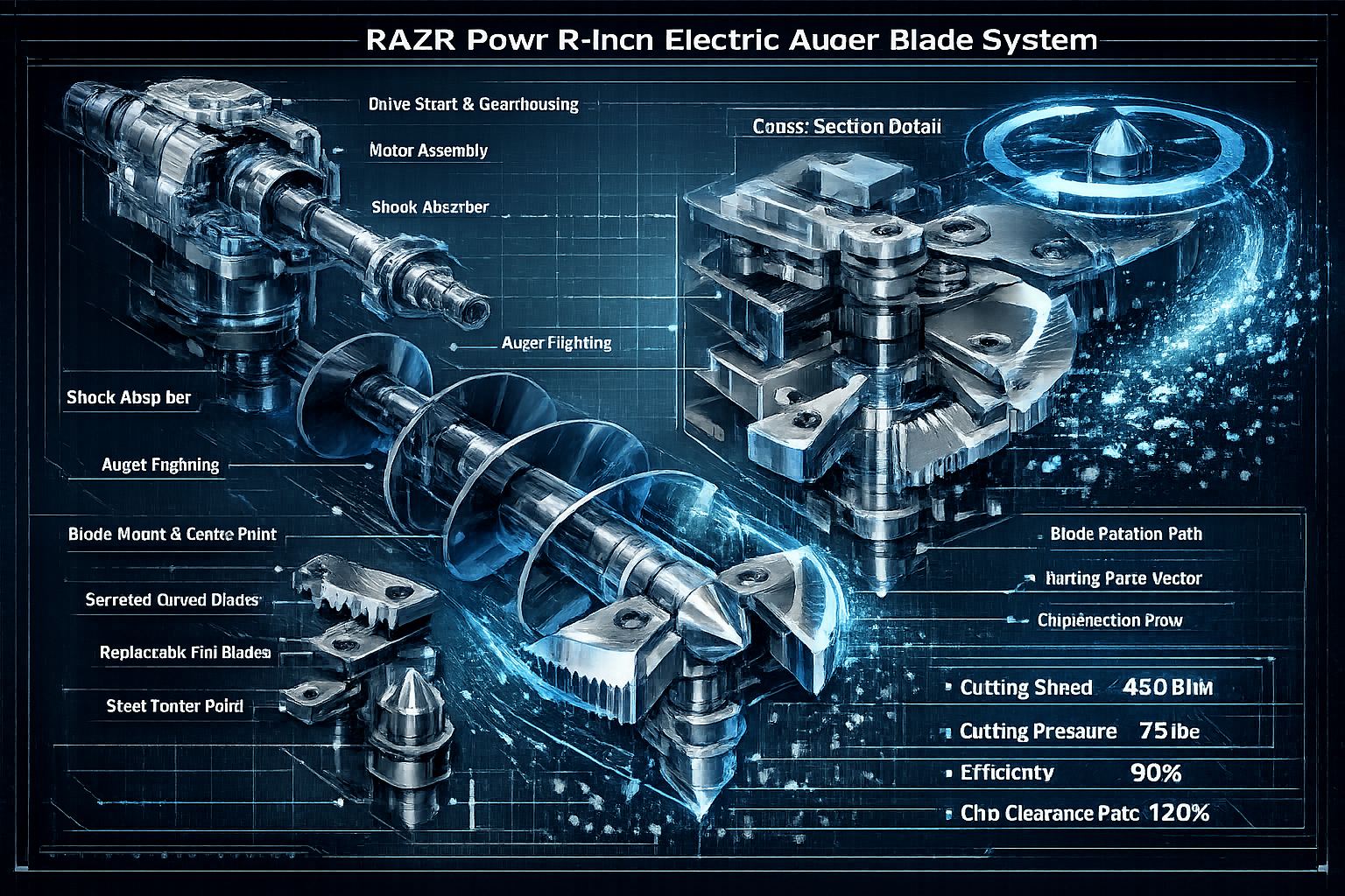 Blade Design section technical illustration: Exploded-view mechanical diagram of RAZR Powr 8-Inch Electric Auger blade