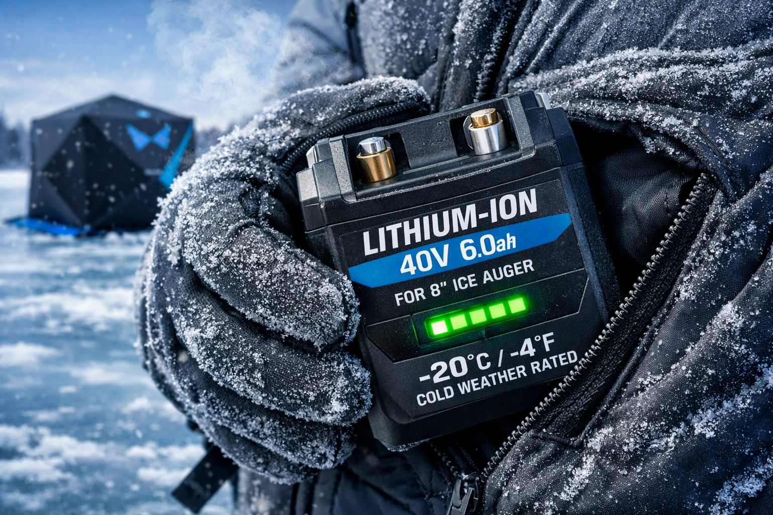 Don’t Let Your Battery Die! Maximizing Battery Life in Sub-Zero Temps | 2026 Survival Guide for 8-Inch Electric Augers | Fish On Yak Close-up editorial photo of a lithium-ion battery pack for an 8-inch electric auger being removed from an insulated jacket