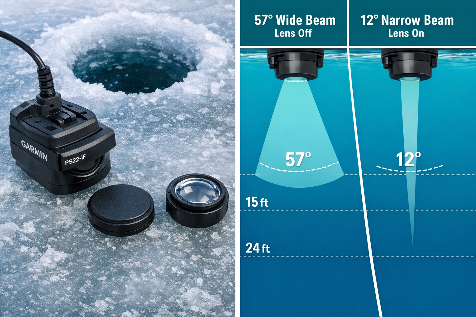 Close-up editorial photograph of a Garmin Panoptix PS22-IF transducer with its removable lens attachment clearly visible,