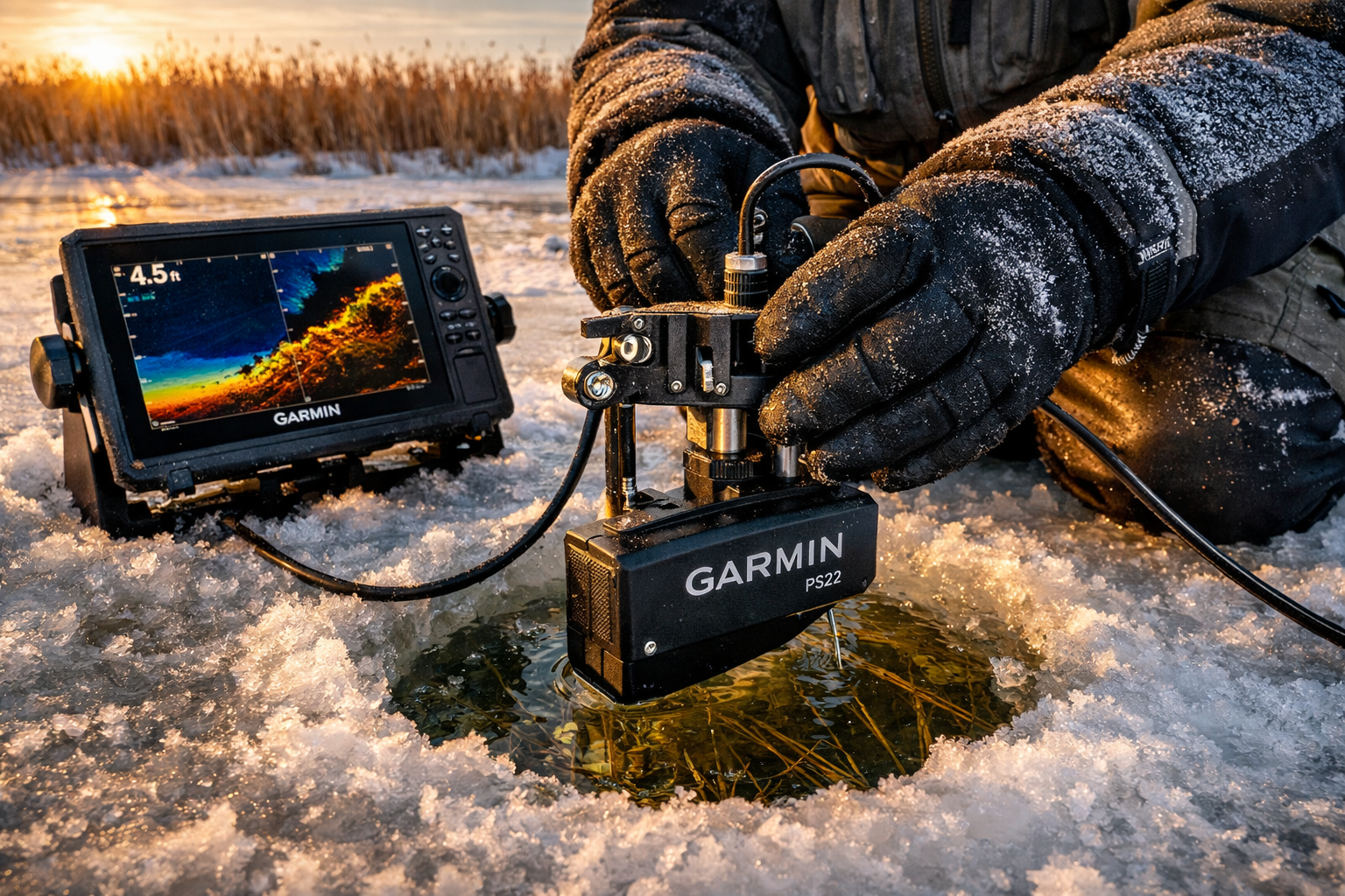 Close-up eye-level shot of an angler in ice fishing gear adjusting a Garmin Panoptix PS22 transducer mounted through an ice