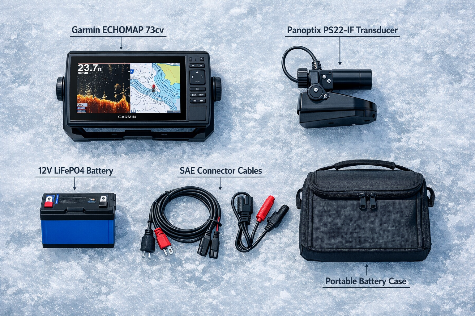 Close-up flat-lay product shot on white ice surface showing Garmin ECHOMAP 73cv fish finder unit next to a Panoptix PS22-IF