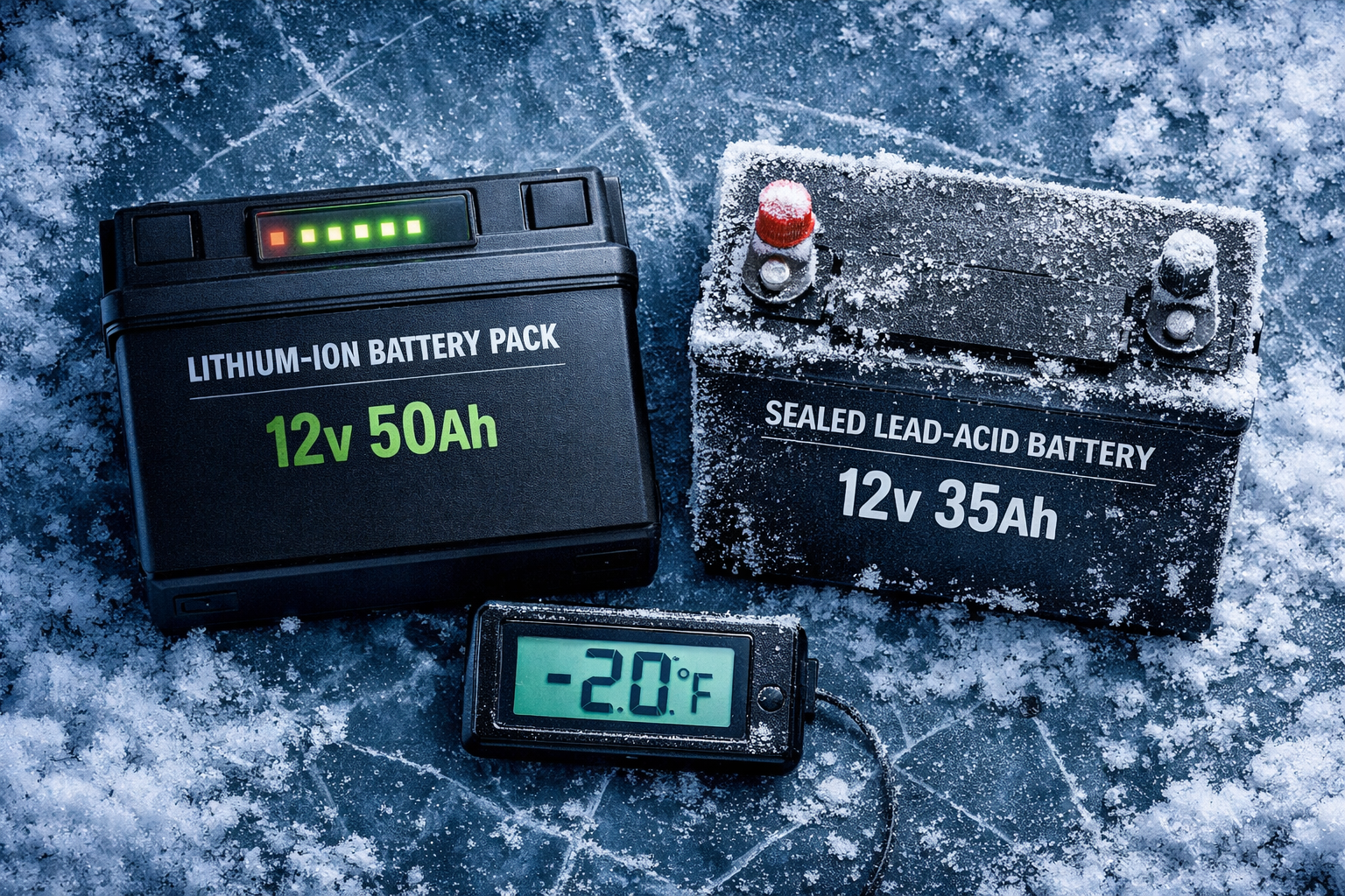 Close-up overhead flat-lay comparison of a modern lithium-ion battery pack versus a sealed lead-acid battery on a