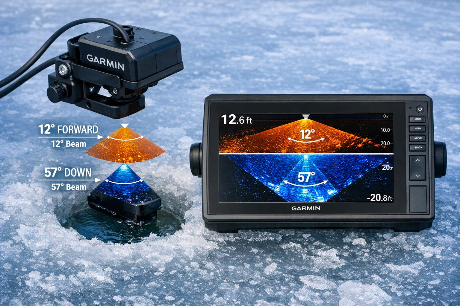 Close-up overhead shot of Garmin Panoptix PS22-IF transducer mounted on a compact pole-free bracket over a freshly drilled