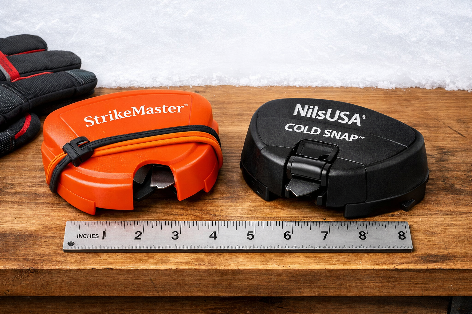 Close-up product photography () showing two 8-inch auger blade guards side by side on a wooden workbench: one hard plastic