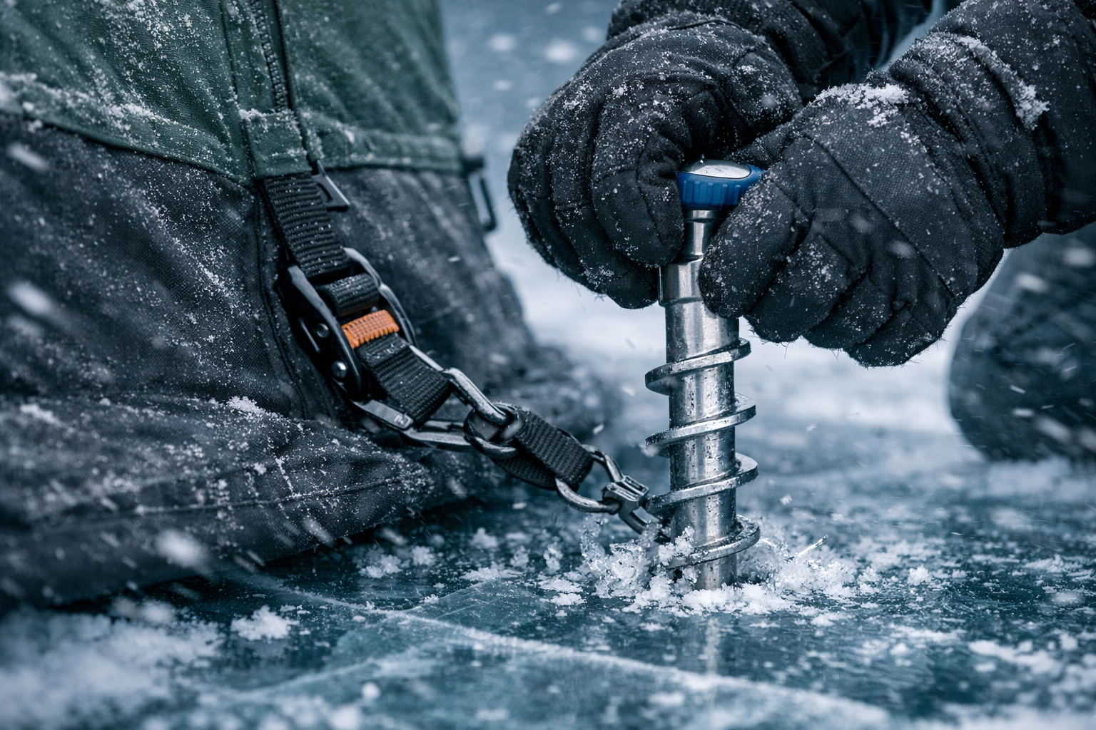 Detailed () close-up action shot at ice level showing gloved hands screwing a metal ice anchor screw into thick clear lake