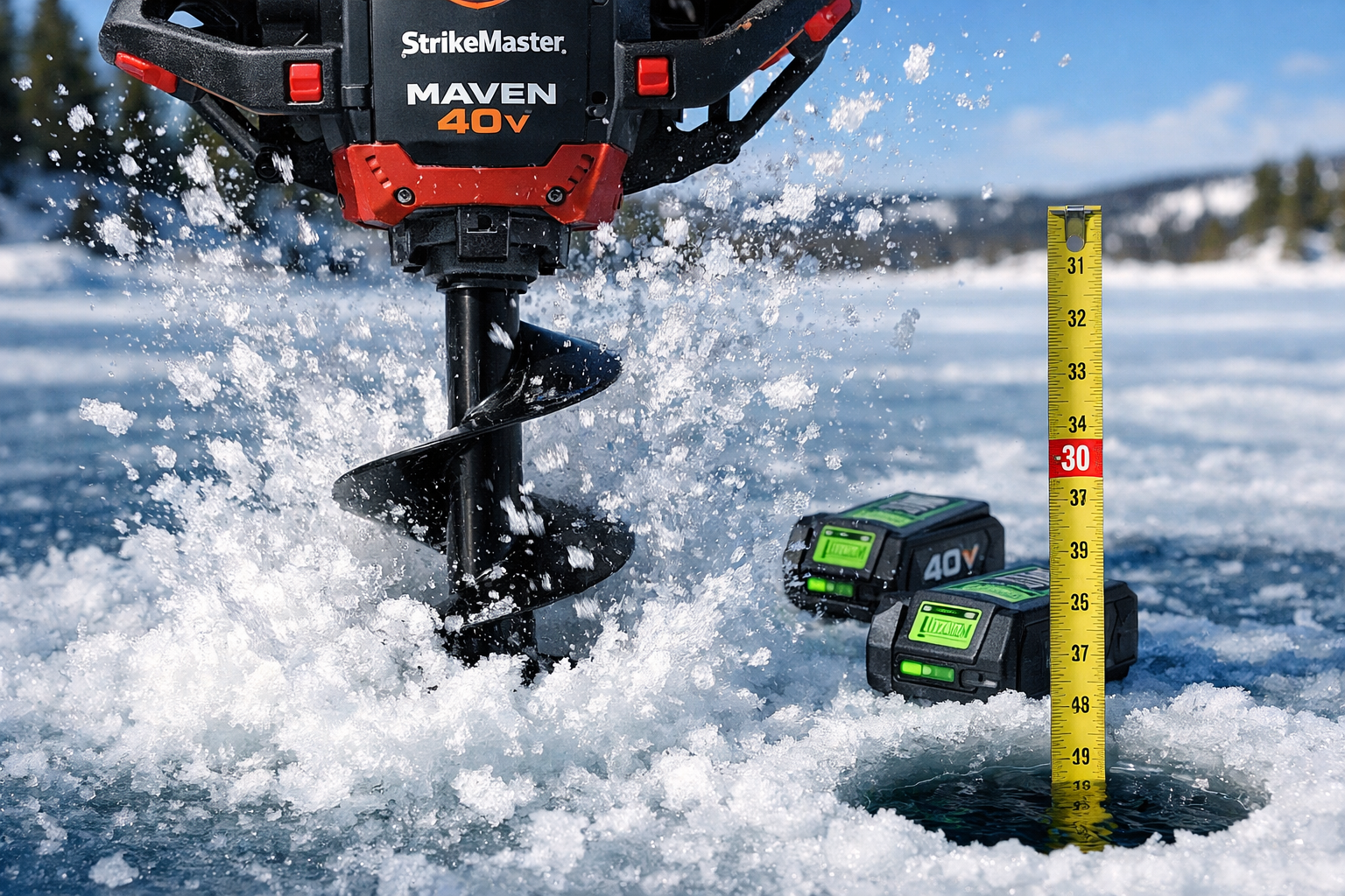 Detailed () close-up action shot of a StrikeMaster Maven 40V electric auger cutting through thick blue-white ice on a frozen