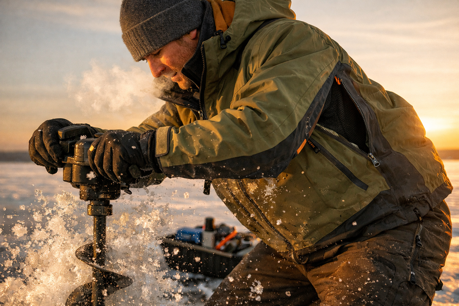 Detailed () close-up editorial photo of an angler actively drilling an ice fishing hole while wearing a technical jacket