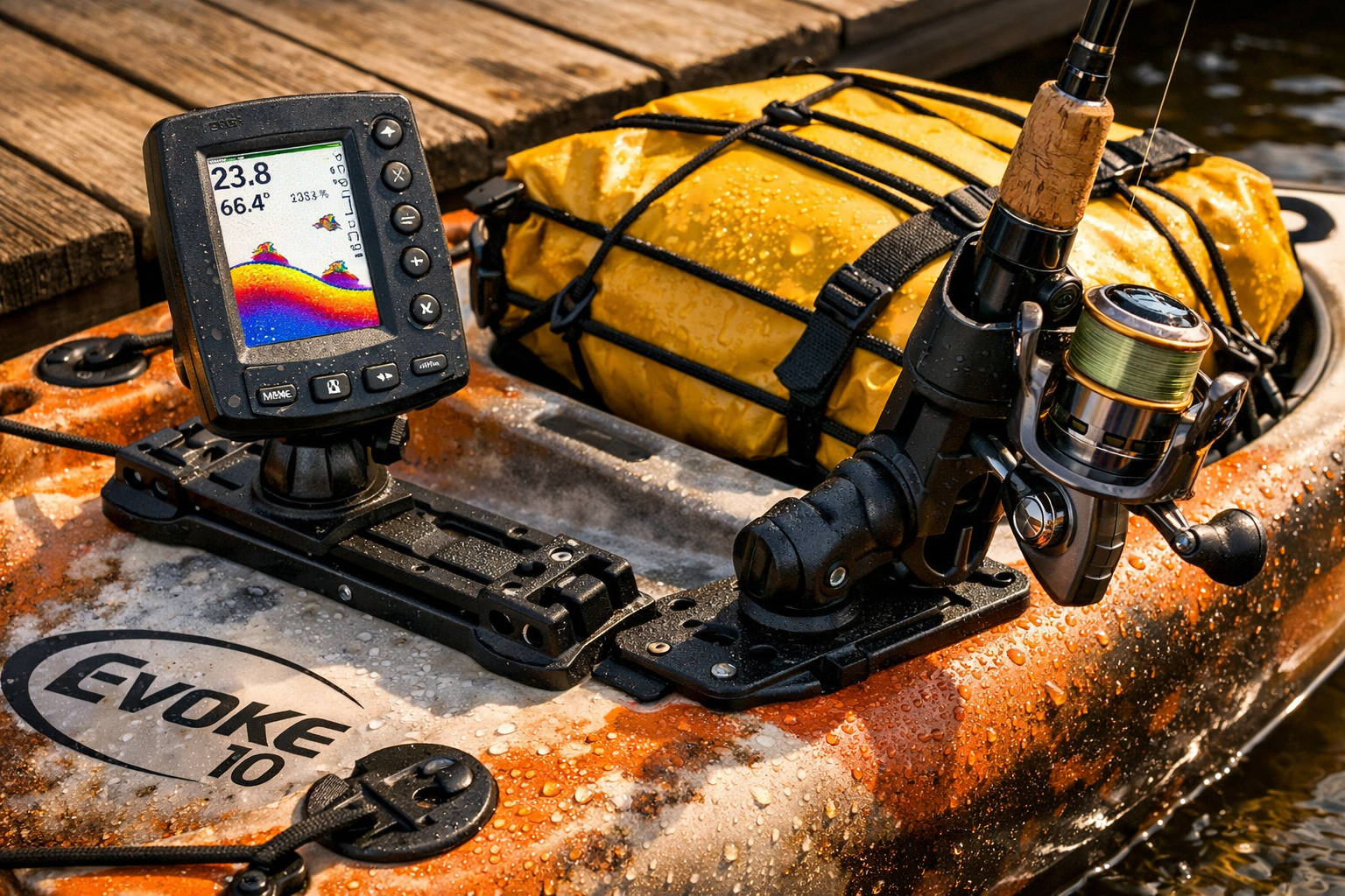 Detailed close-up of the Evoke 10 kayak accessory mounting area showing a fish finder unit mounted on a universal rail, a