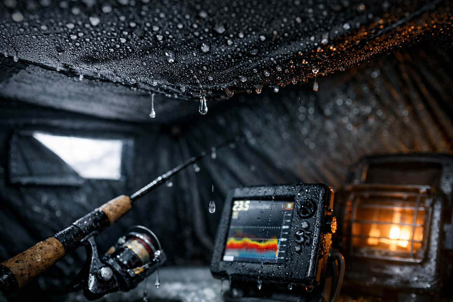 Detailed () close-up photograph inside an ice fishing shelter showing condensation droplets forming on the dark fabric