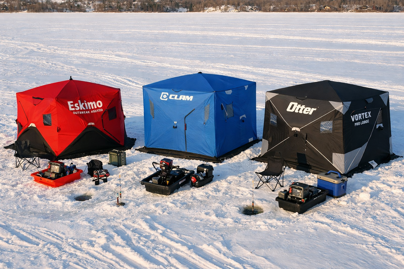 Detailed () comparison scene showing three different ice fishing shelters side by side on a frozen lake from an elevated