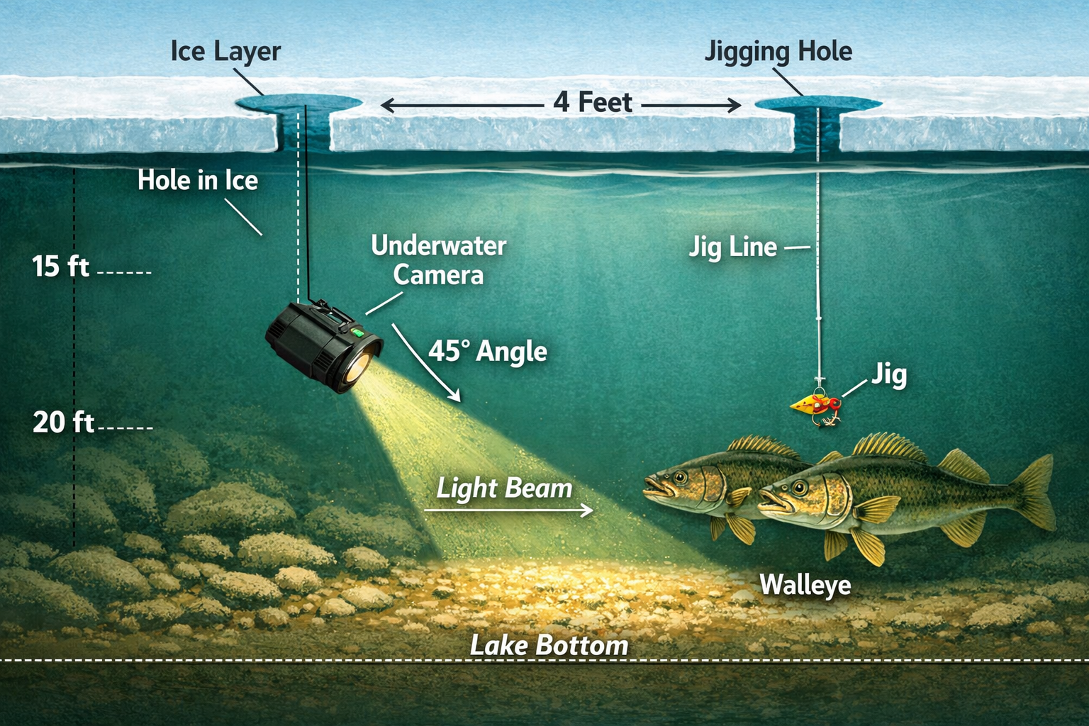 Detailed () cross-section underwater illustration showing camera positioning beneath ice. Left side shows ice layer with a