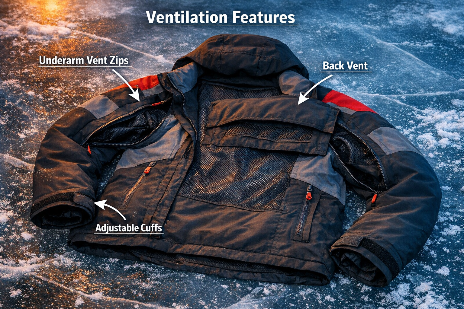 Detailed () editorial photo of an ice fishing jacket laid flat on a frozen lake surface with pit zips fully open, mesh liner