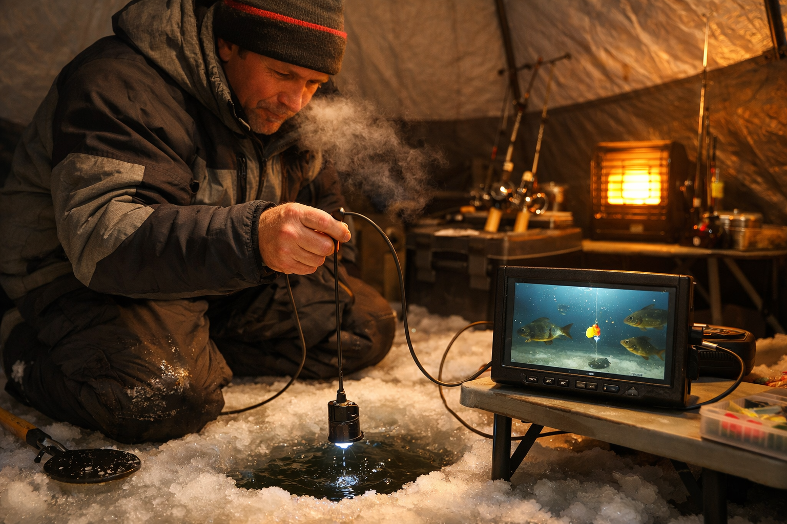 Detailed () image depicting an angler inside an ice fishing shelter kneeling beside an ice hole, lowering a wired underwater