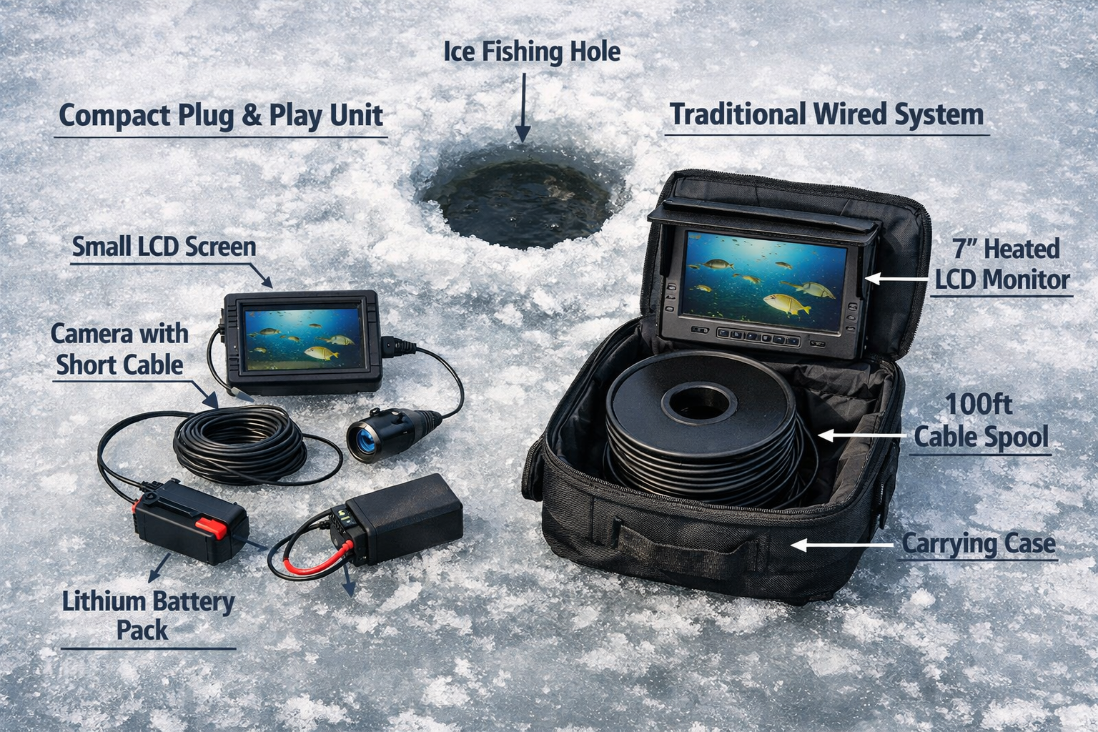 Detailed () image showing a close-up overhead view of two underwater camera systems laid out side by side on a frozen lake