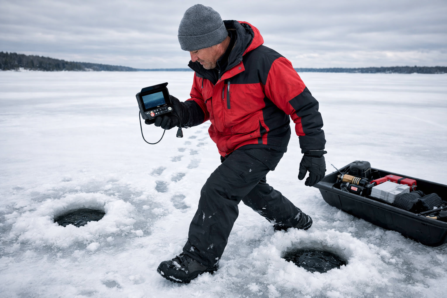 Detailed () image showing a mobile ice angler outdoors on open ice with no shelter, hole-hopping between two augered holes.