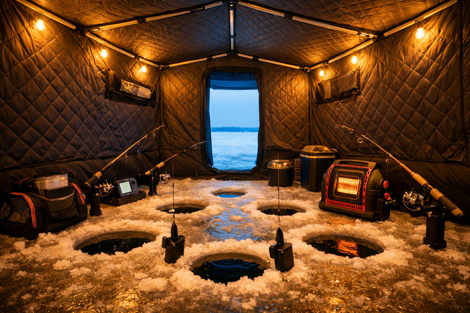 Detailed () image showing the interior of a large portable ice fishing cabin from a low angle, 75-inch ceiling height