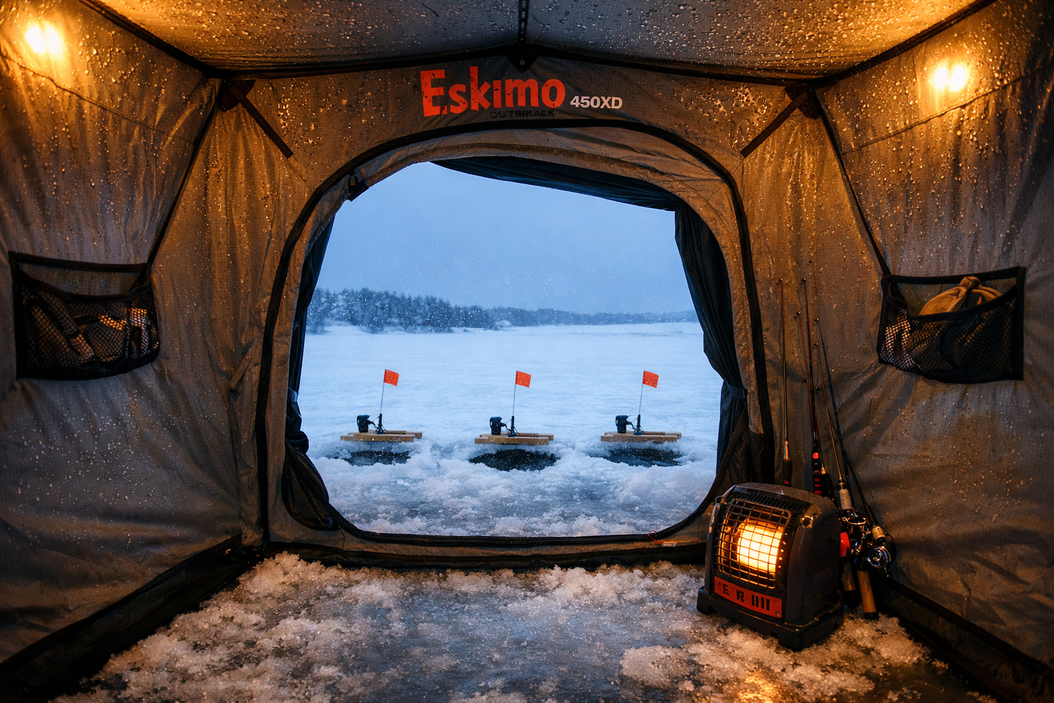 Detailed () interior view from inside the Eskimo Outbreak 450XD ice shelter looking outward through the oversized no-trip