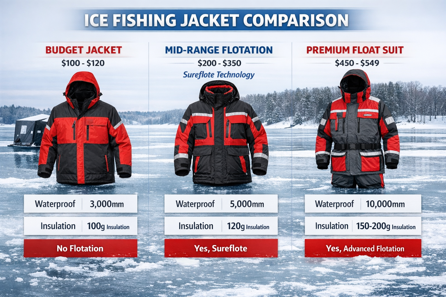 Detailed landscape format (1536x1024) comparison infographic showing three ice fishing jacket tiers arranged left to right: budget jacket ($