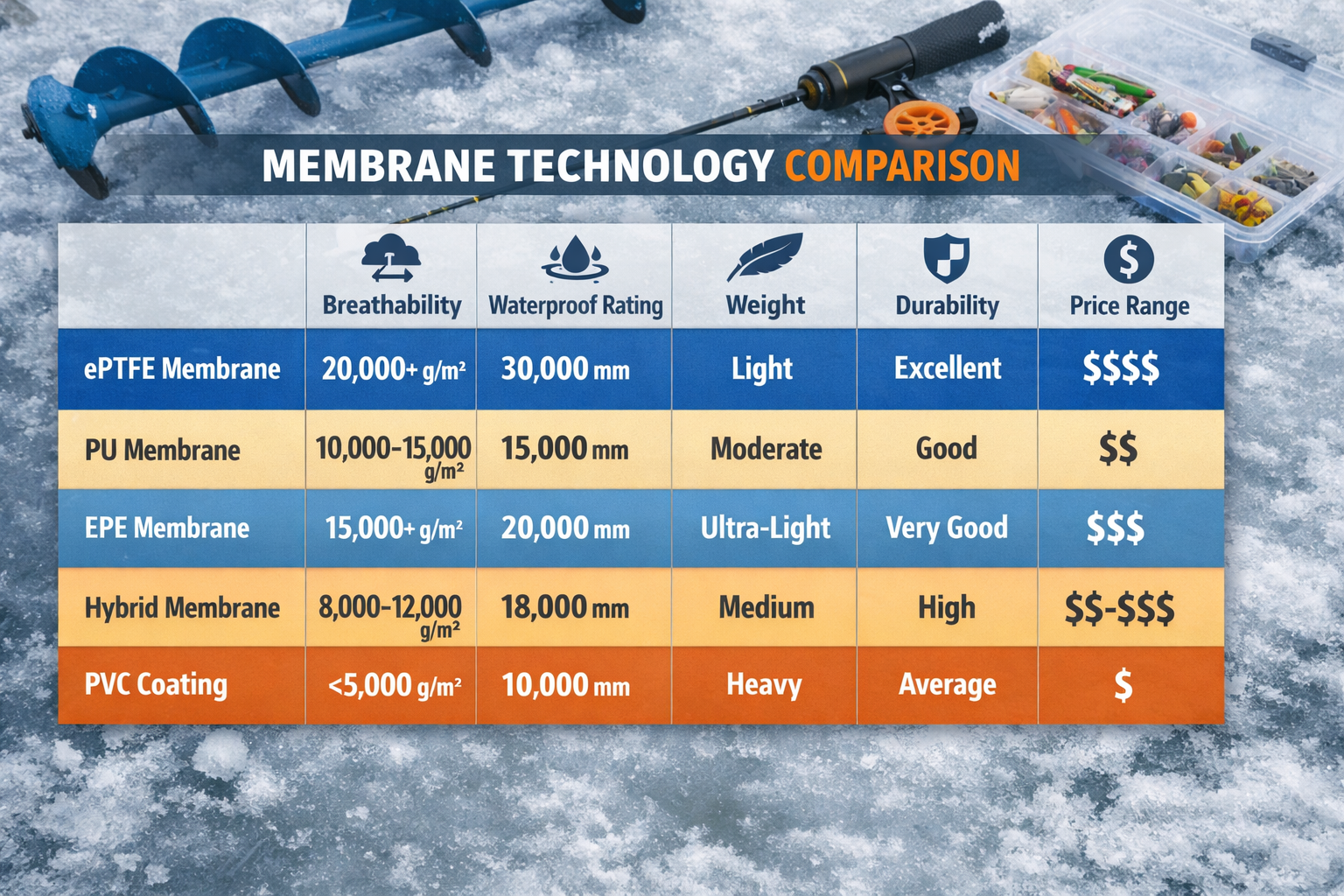 Detailed landscape format (1536x1024) editorial image showing a comparison table or decision matrix overlaid on a background of ice fishing 