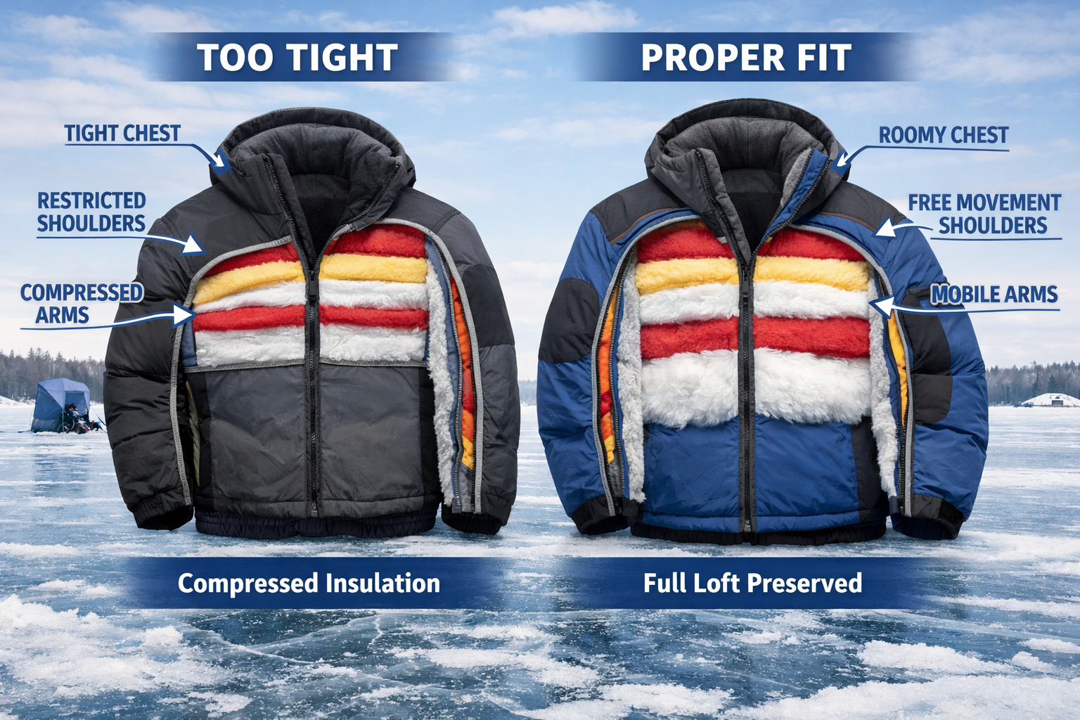 Detailed landscape format (1536x1024) editorial image showing a cross-section comparison of two ice fishing jackets side by side on a frozen