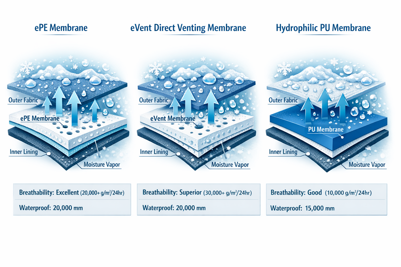 Detailed landscape format (1536x1024) editorial image showing a cross-section diagram of three different waterproof breathable membrane tech