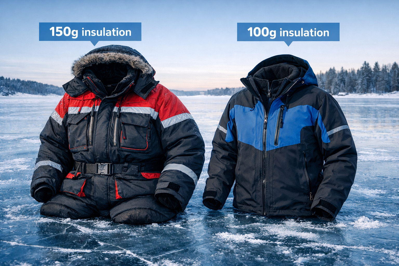 Detailed landscape format (1536x1024) editorial photo of two ice fishing jackets side by side on a frozen lake surface, one heavily insulate