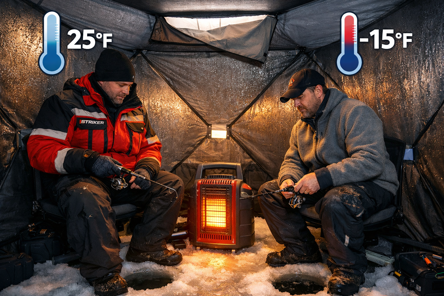 Detailed landscape format (1536x1024) editorial photograph inside a large Clam X-1200 style multi-person ice fishing hub shelter, showing tw