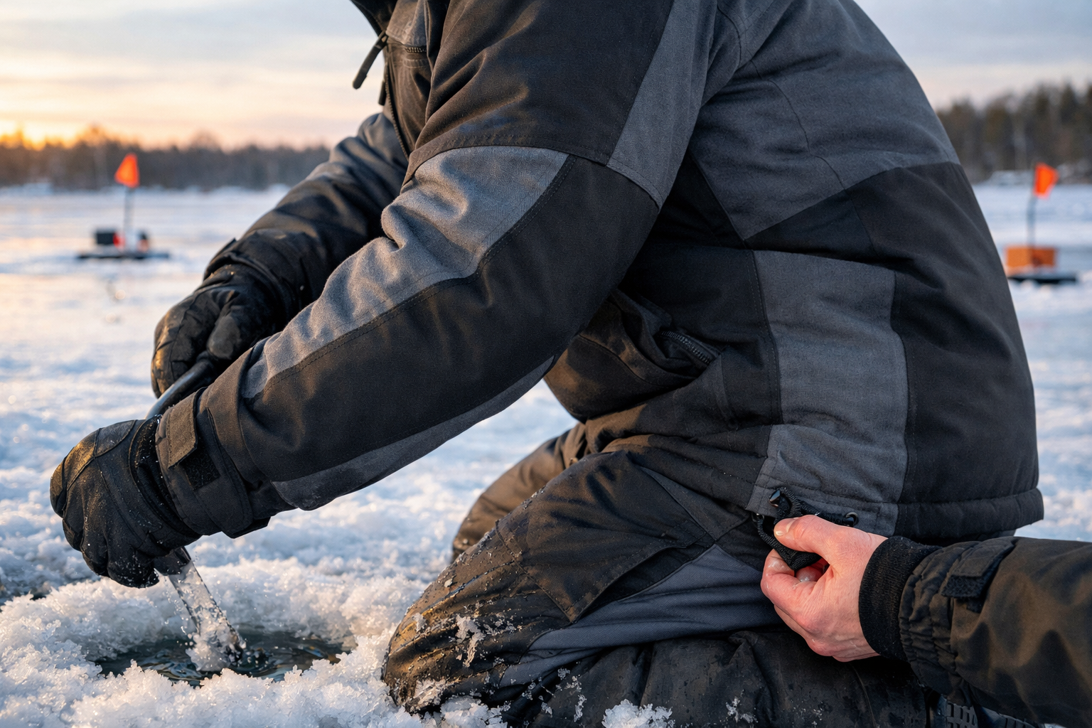 Detailed landscape format (1536x1024) editorial photograph of an ice angler kneeling beside an ice hole, demonstrating full range of motion 