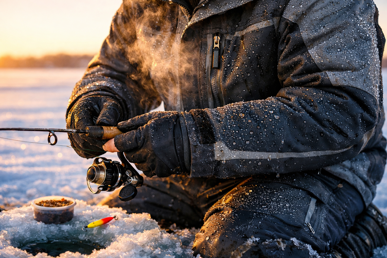 Detailed landscape format (1536x1024) editorial photograph of an ice angler kneeling on a frozen lake beside a drilled hole, wearing a moder