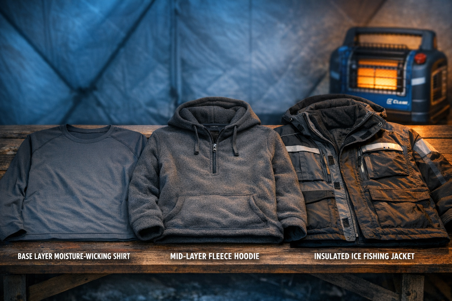 Detailed landscape format (1536x1024) editorial photograph showing a close-up layering breakdown of ice fishing clothing laid flat on a wood