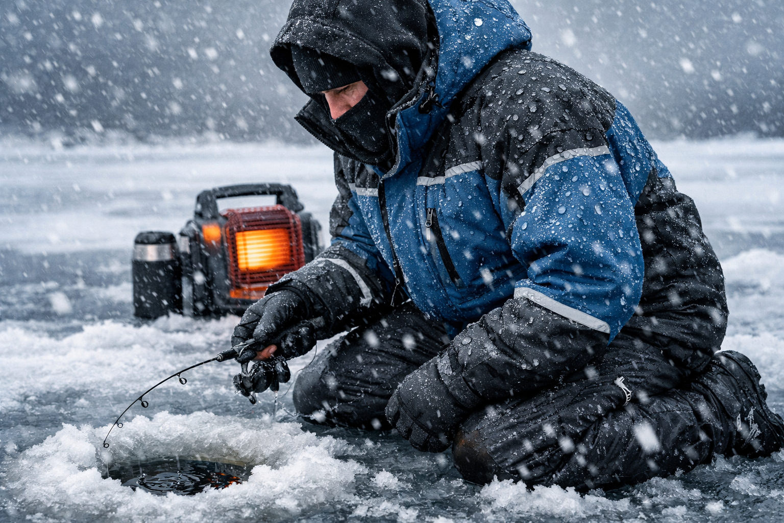 Detailed landscape format (1536x1024) image depicting an ice angler kneeling on a frozen lake in heavy snow, wearing a modern synthetic-insu