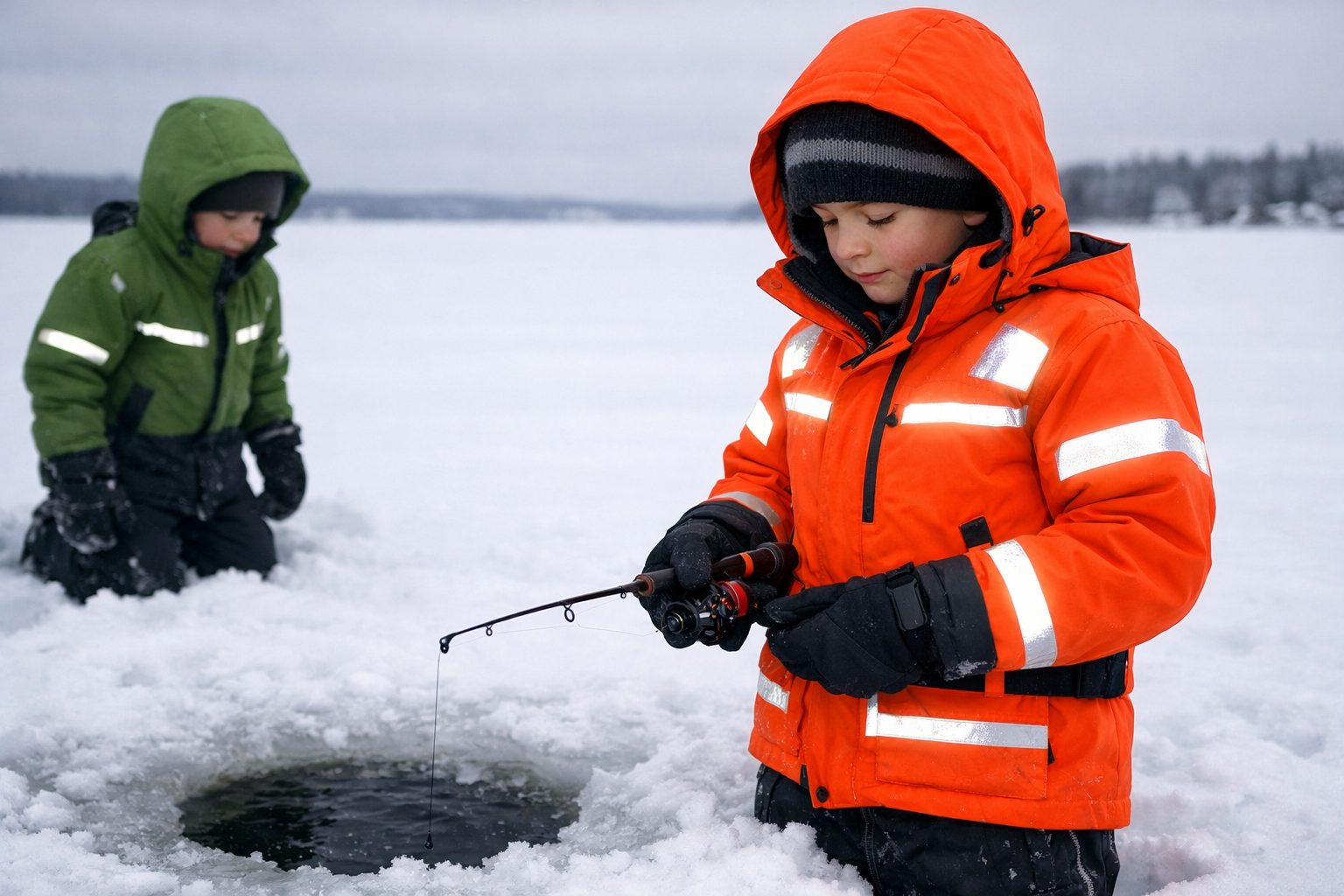 Detailed landscape format (1536x1024) image of a young angler approximately 10 years old wearing a bright orange flotation-compatible ice fi