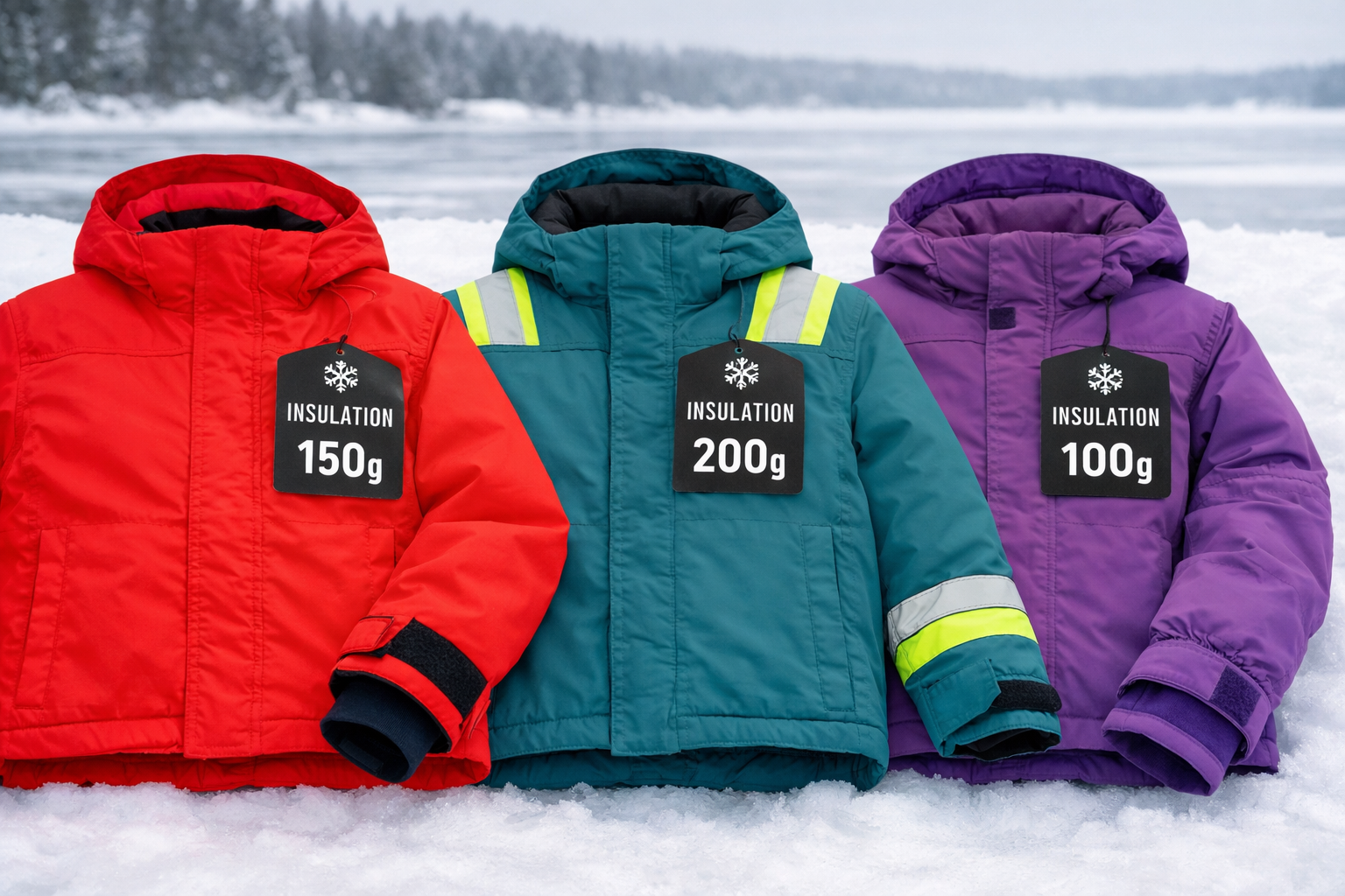 Detailed landscape format (1536x1024) image showing a close-up comparison of three youth ice fishing jackets laid flat on snow, one bright r