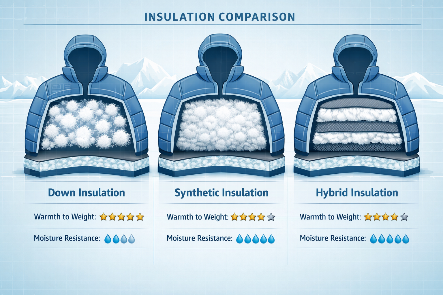 Detailed landscape format (1536x1024) image showing a cross-section comparison of three insulation types side by side: fluffy down clusters 