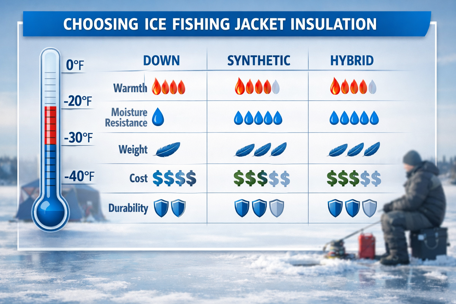 Detailed landscape format (1536x1024) image showing a decision-making infographic for choosing ice fishing jacket insulation. Three columns 