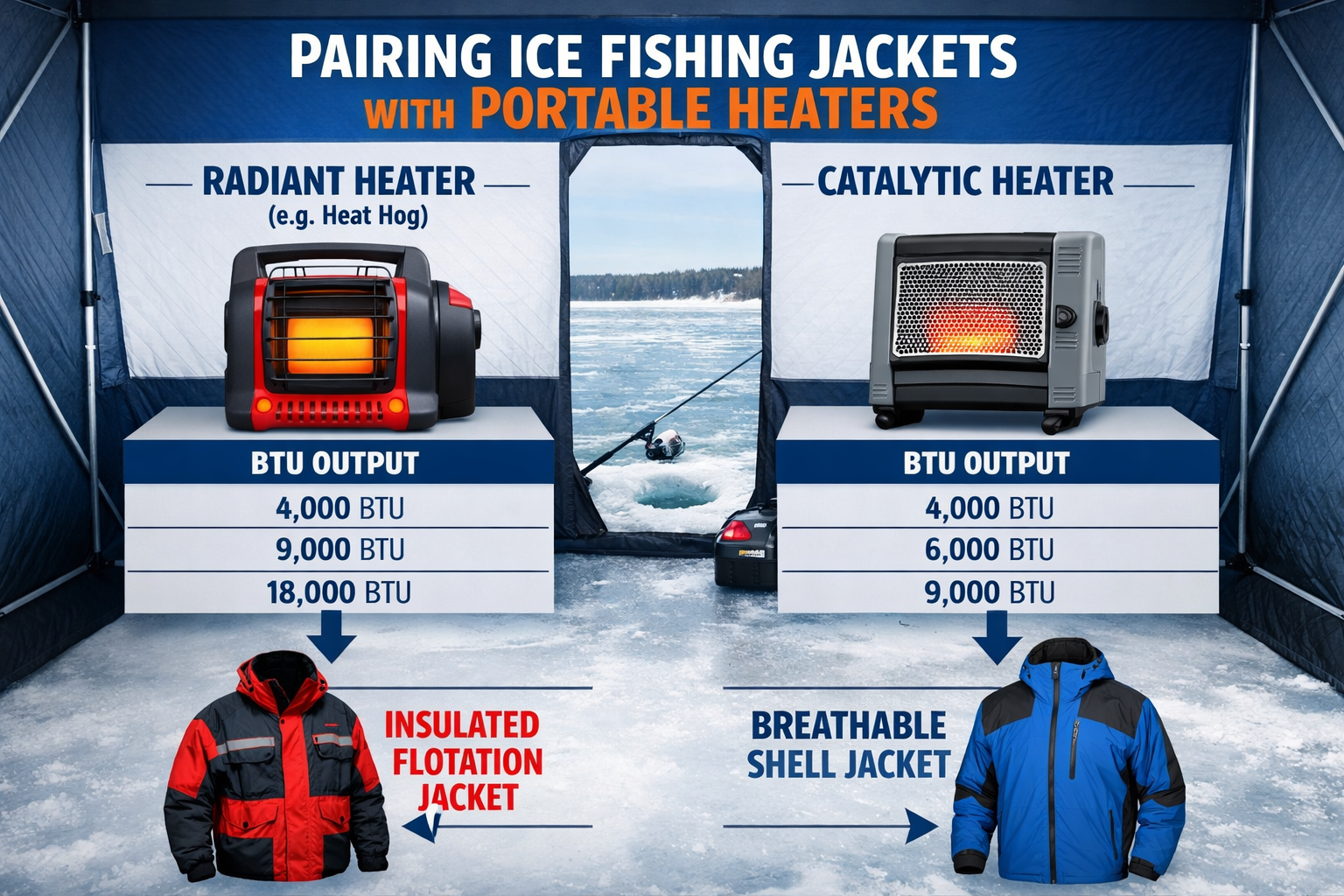 Detailed landscape format (1536x1024) infographic-style editorial image showing a comparison table visual of two portable ice fishing heater