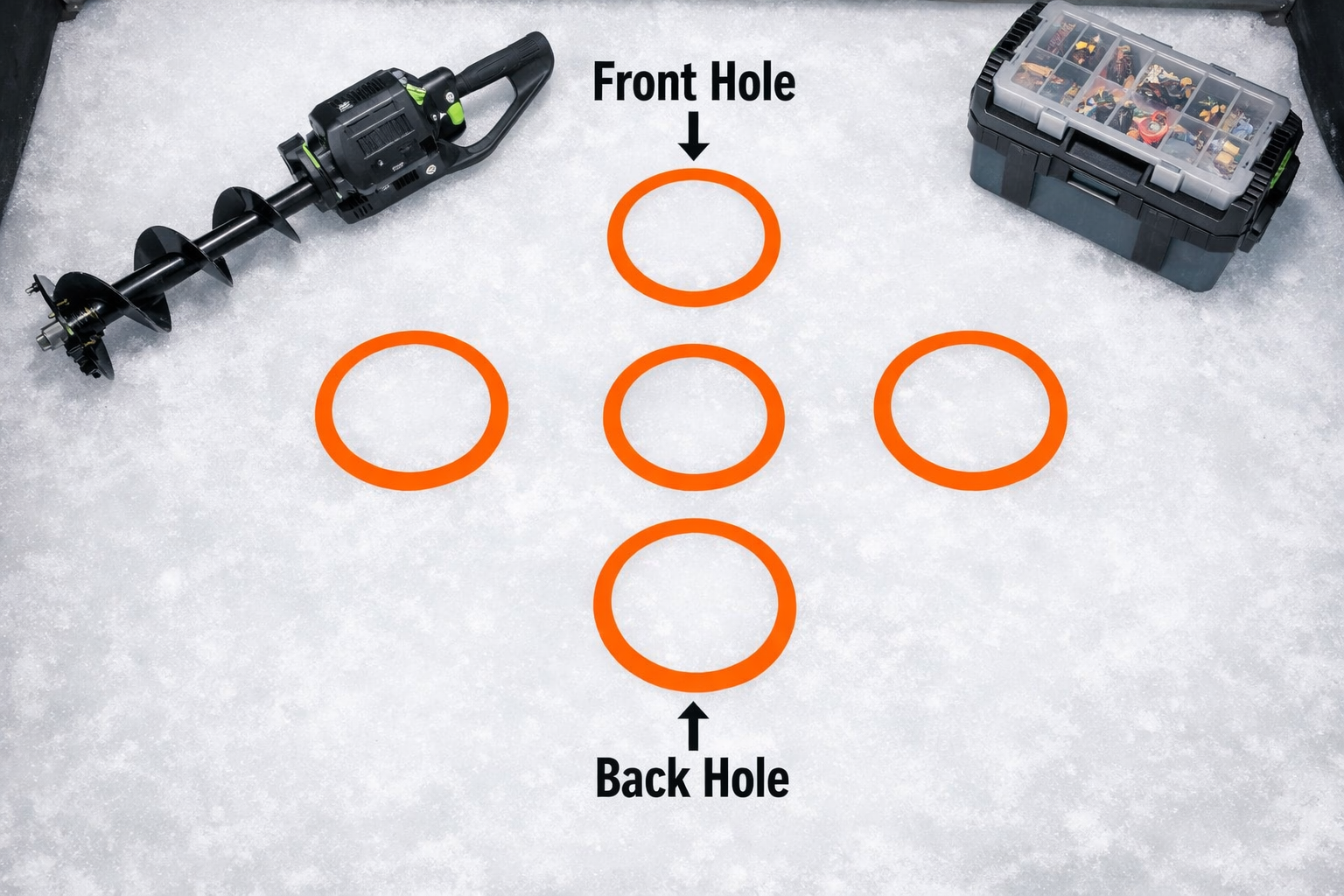 Detailed () overhead birds-eye diagram-style photograph of a portable ice fishing shelter floor showing a strategic 5-hole