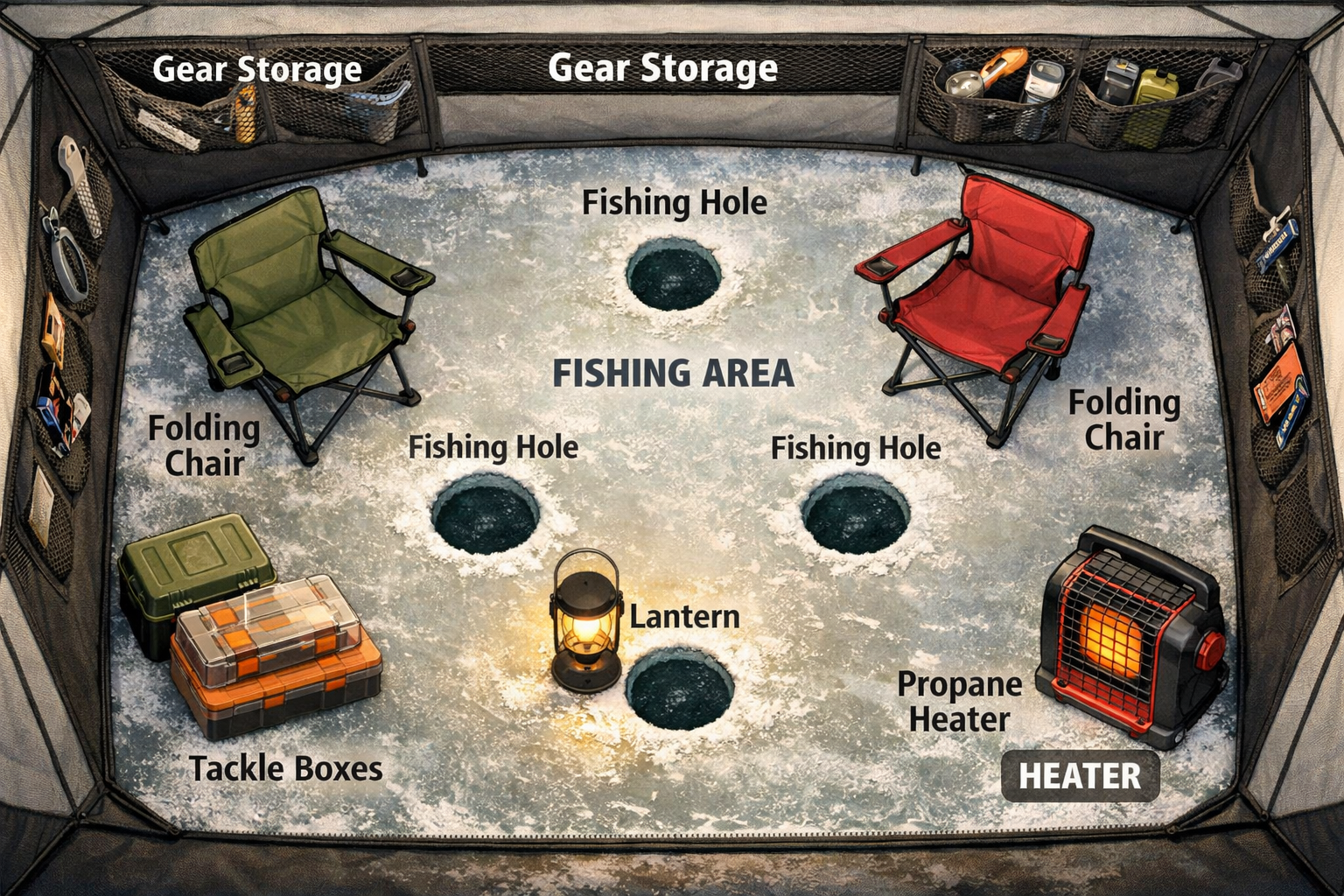 Detailed () overhead birds-eye diagram view of the interior of a large rectangular hub ice fishing shelter showing four