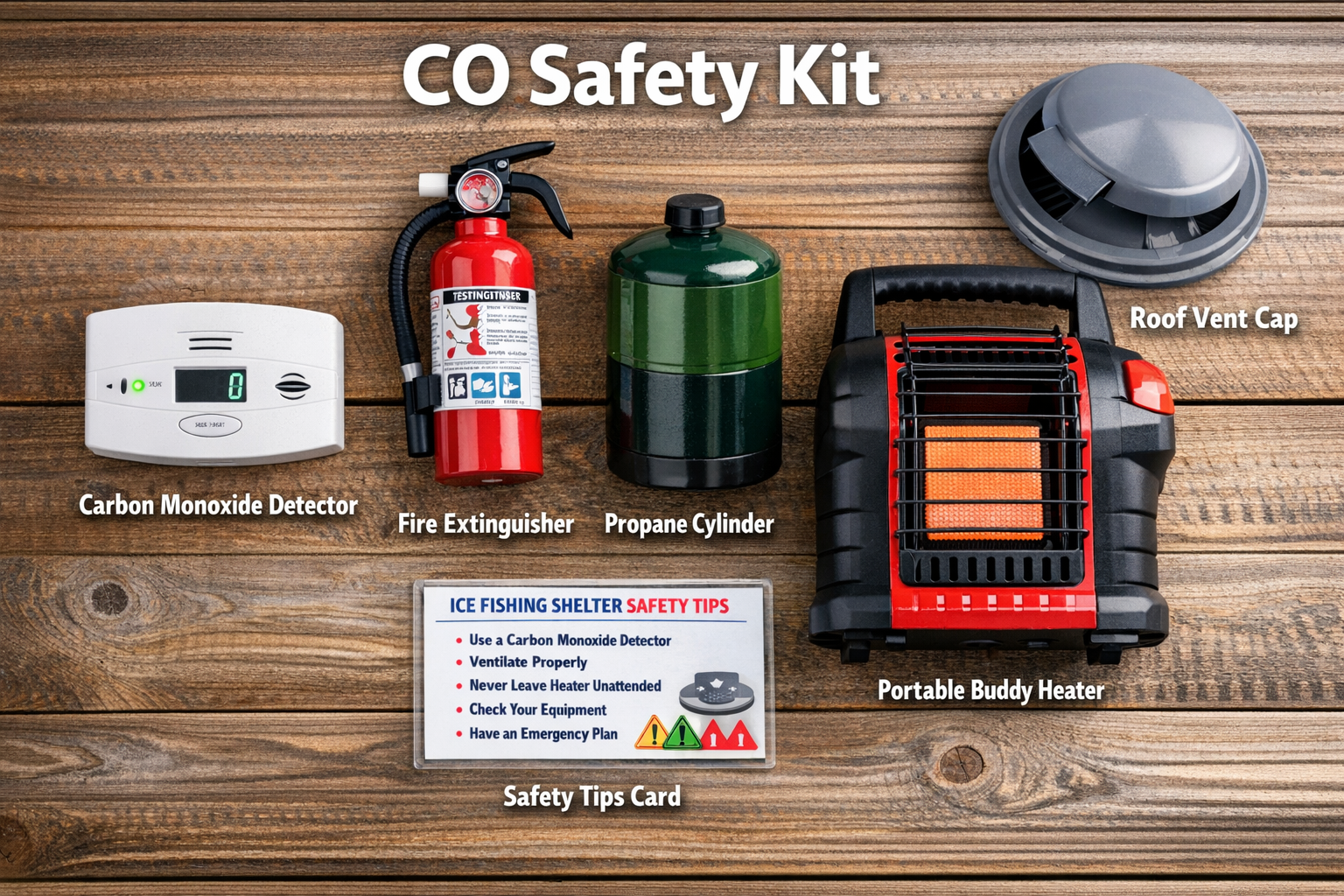 Detailed () overhead flat-lay safety checklist photograph on a wooden surface showing essential ice fishing shelter safety