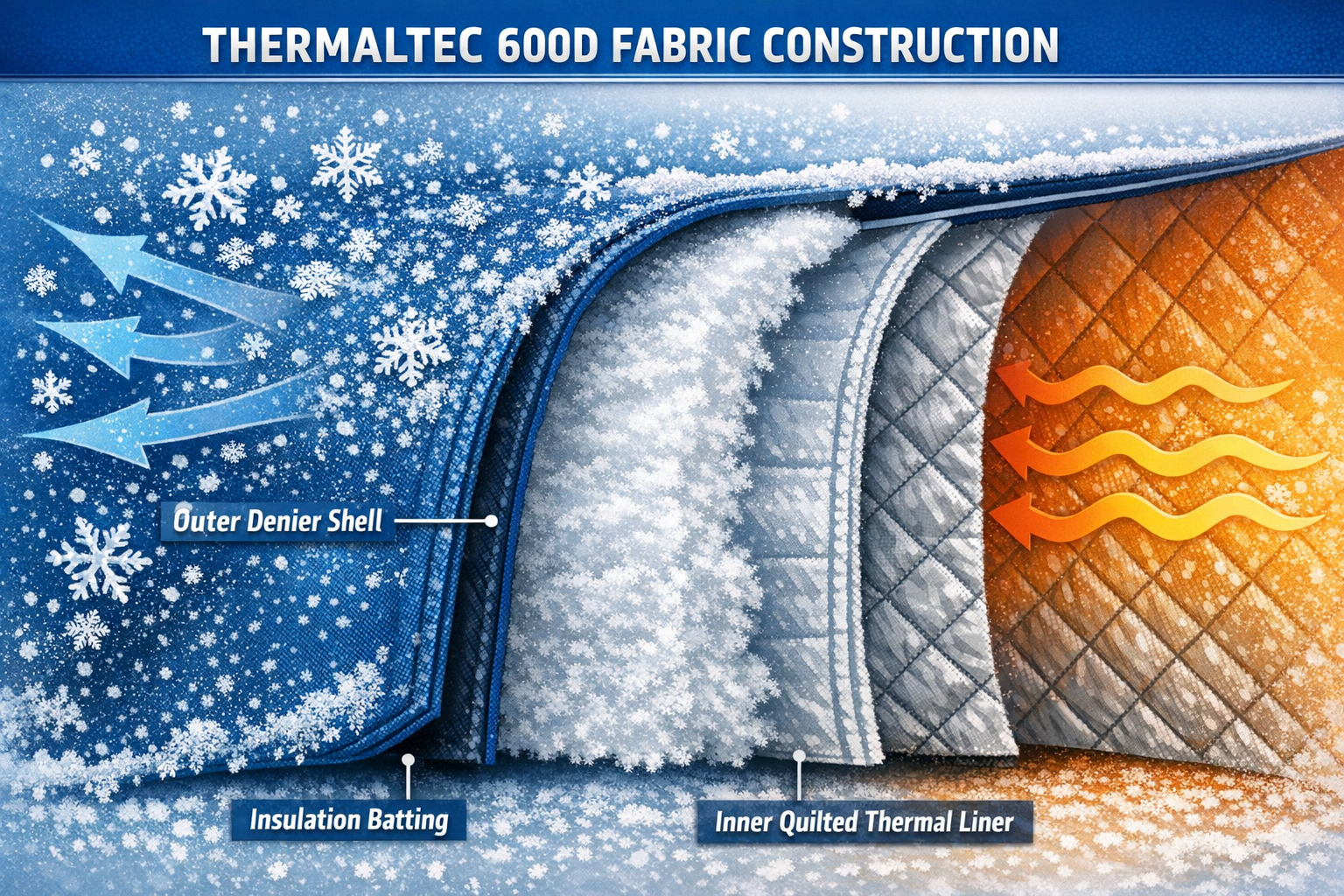 Detailed () showing a close-up cross-section illustration of triple-layer THERMALTEC 600D fabric construction for an ice