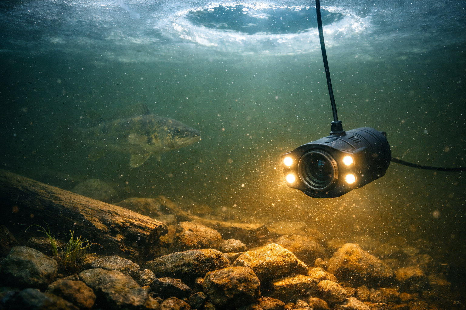 Detailed () showing a close-up cross-section view of an ice fishing hole with an underwater camera positioned 1-2 feet above