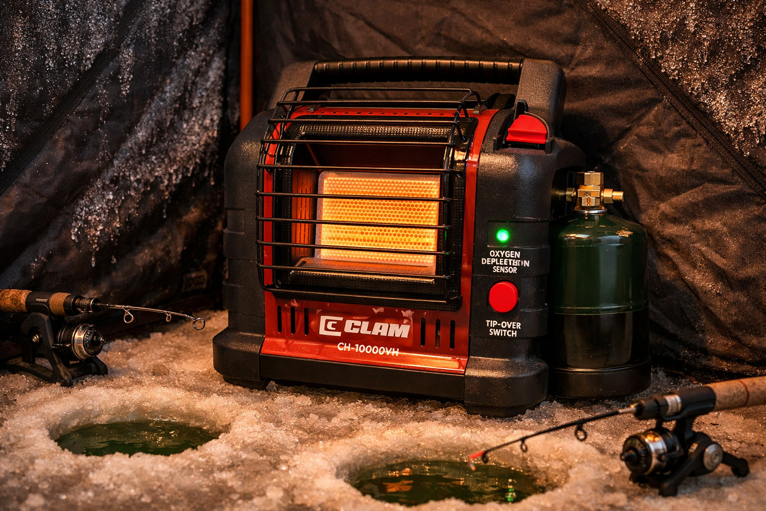Detailed () showing a close-up interior view of a Clam CH-10000VH portable propane heater sitting on the floor of a large