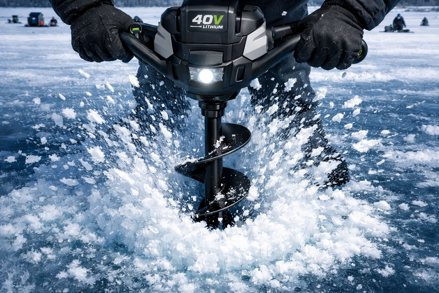 Detailed () showing a close-up overhead shot of a modern 40V battery-powered ice fishing auger drilling through thick