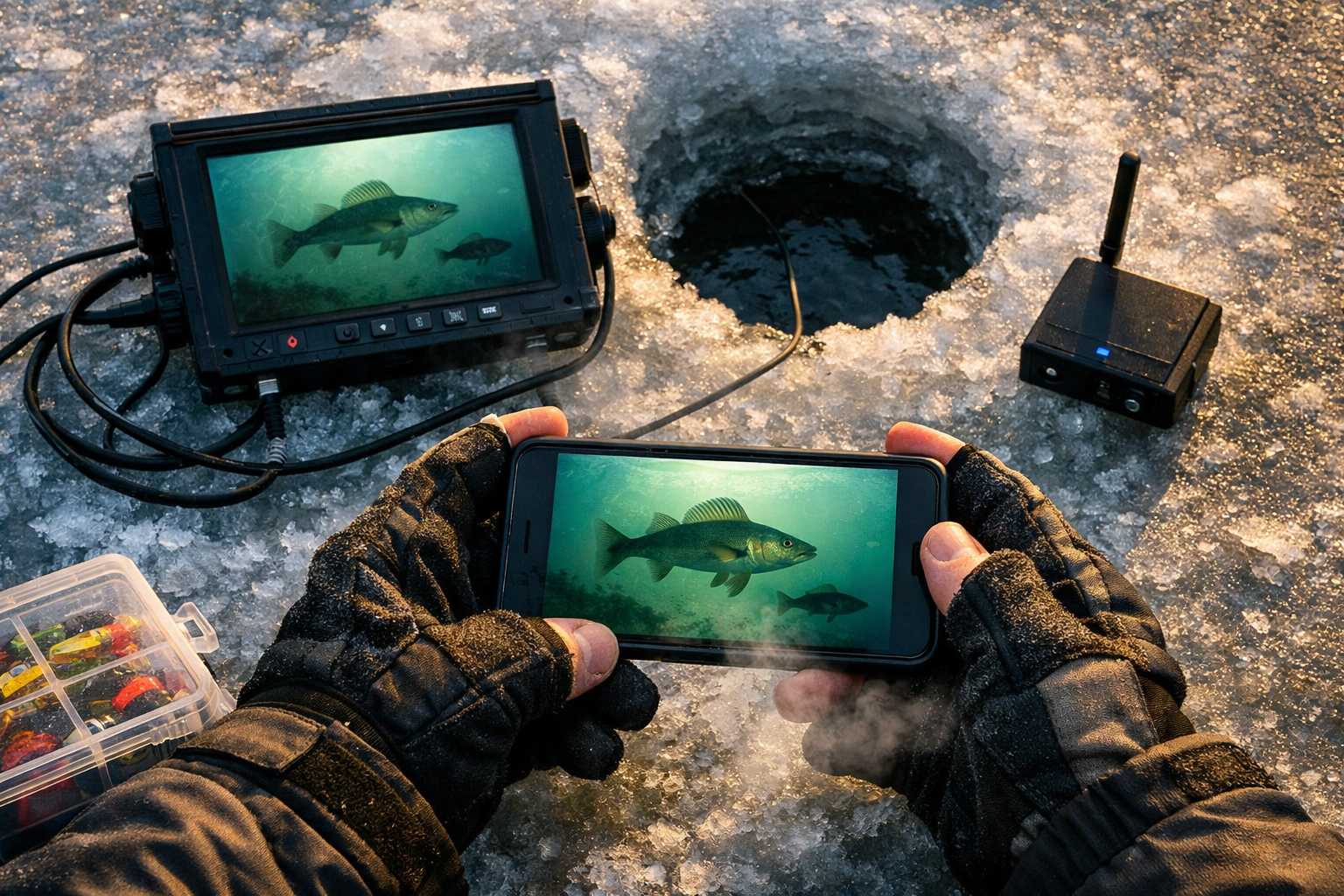 Detailed () showing a close-up overhead shot of an ice angler's gloved hands holding a smartphone displaying live underwater